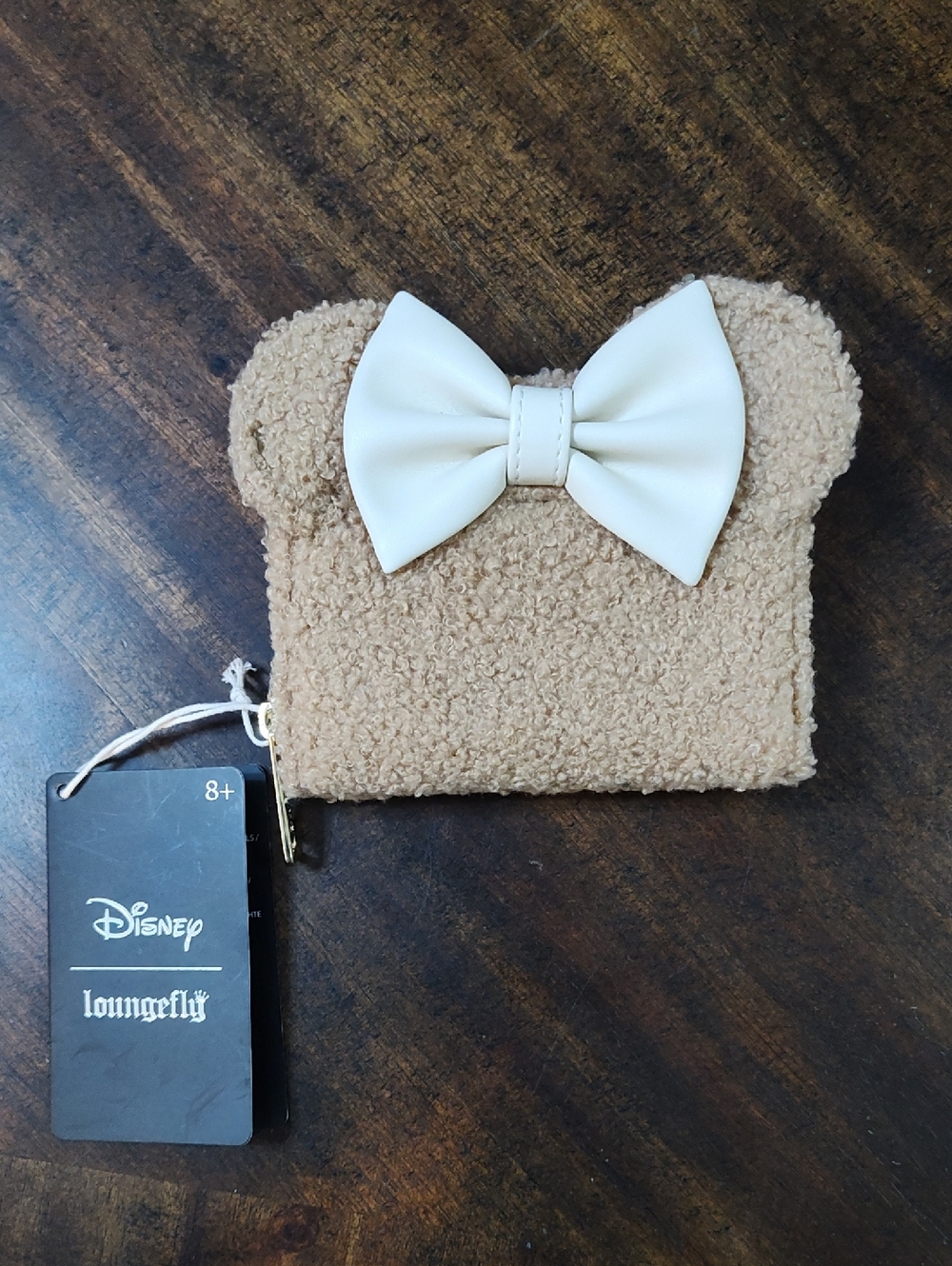 Loungefly Tan Sherpa Minnie Ear Wallet with Cream Bow Accent